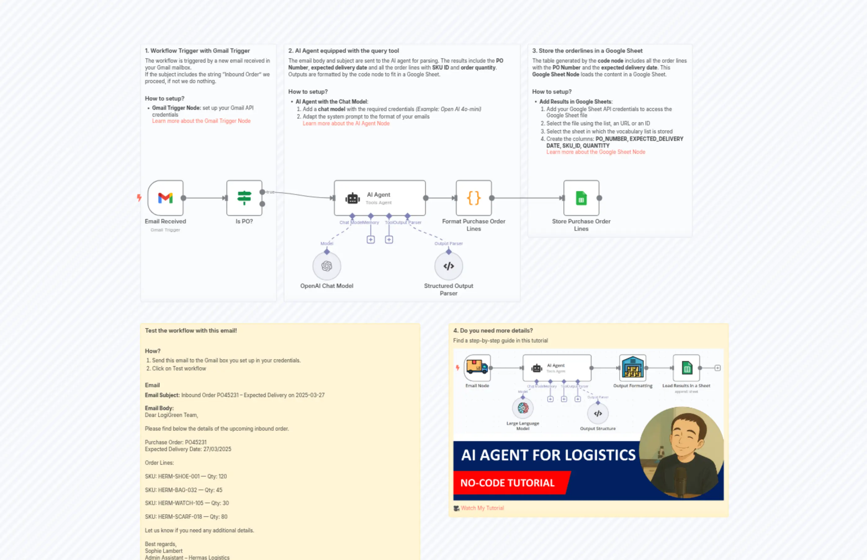 🛻 AI Agent for Logistics Order Processing with GPT-4o, Gmail and Google Sheet