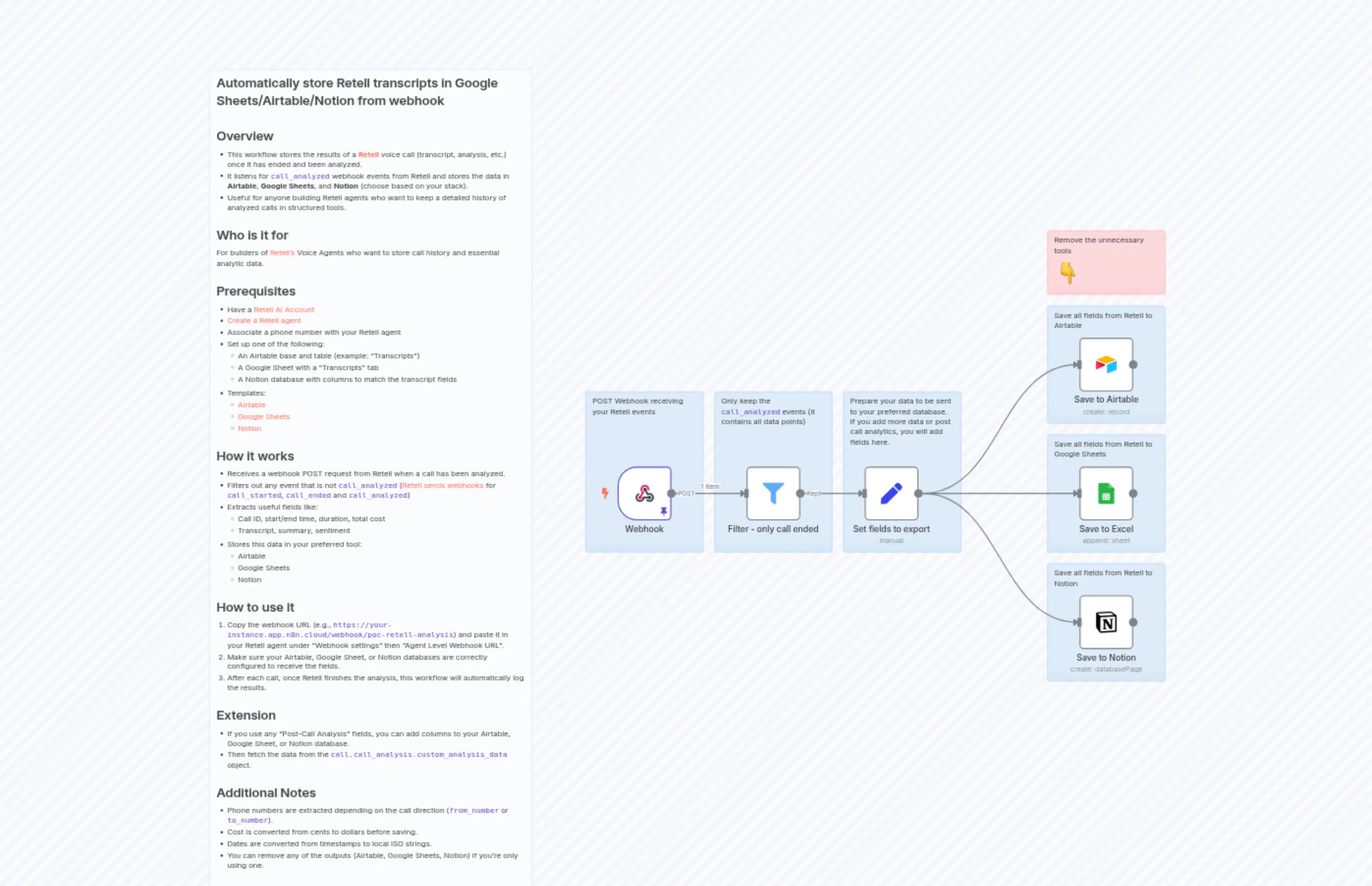 Store Retell transcripts in Sheets, Airtable or Notion from webhook